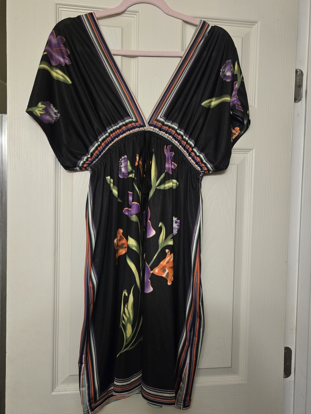 Black Floral V-Neck Midi Dress with Purple & Orange Blooms
